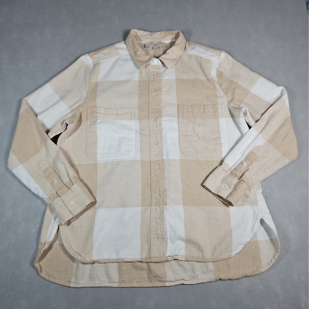 Loft Womens Tan White Buffalo Check Button Up Flannel Shirt Size Large